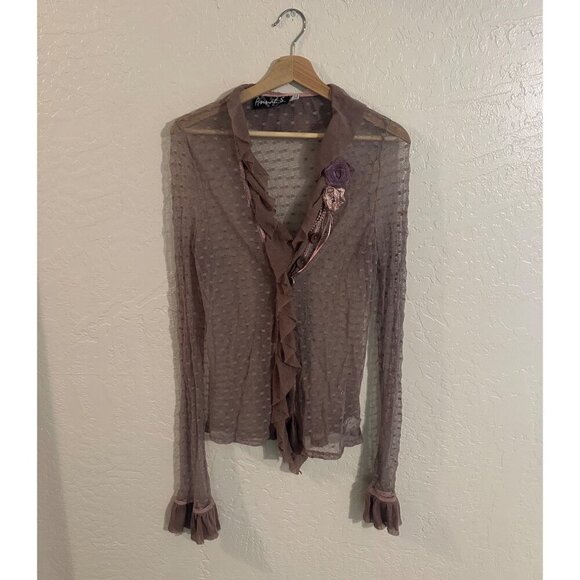 Annah S. Dreamy Vintage Brown Ruffled Y2K Fairycore Mesh Cardigan Top - Picture 1 of 9